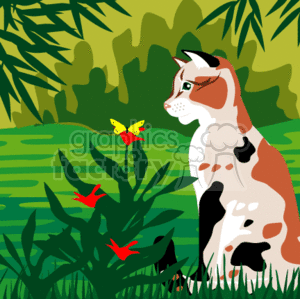 The clipart image features a multi-colored cat sitting in a grassy area, surrounded by greenery and plants. In front of the cat, there is a butterfly, and there appear to be additional butterfly or insect silhouettes in the foliage around the cat. The scene suggests that the cat is outside in a natural environment, possibly a garden or a park.