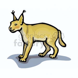 This clipart image features a stylized representation of a feline animal that resembles a lynx. It has prominent ear tufts, which are characteristic of lynx species. The feline is standing with all four paws on the ground, and it has a slight shadow beneath it.