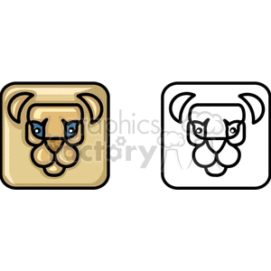 The image shows two stylized illustrations of lions' faces. The one on the left is colored, featuring hues of beige and brown with blue eyes, while the one on the right is a black and white line drawing of the same face.