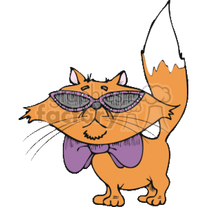Cat wearing sun glasses and purple bow. They are depicted as household pets or domestic animals, commonly known as cats.
