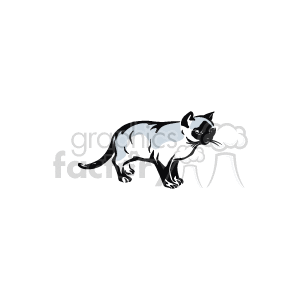 The image is a black and white clipart depicting a Siamese cat. The cat is characterized by its sleek body, large ears, and distinct markings typically found on the face, ears, paws, and tail of the Siamese breed.