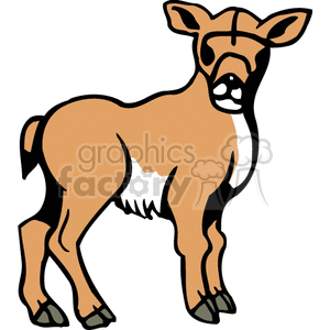 The image is a simple illustration of a baby deer, or fawn. It appears to be depicted in a cartoonish style, with a brown body, a white belly, and black hooves. The fawn is standing, facing slightly to the side, and its head is turned to look towards the viewer.