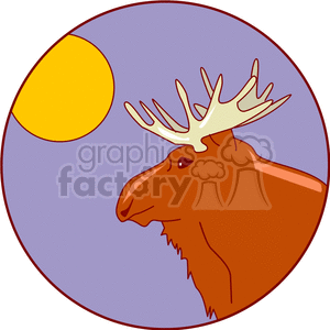The clipart image features the profile of a moose with large antlers against a purple background, with a yellow full moon. The moose is centered and fills most of the space, with the moon to its upper left corner, creating a calm night scene.