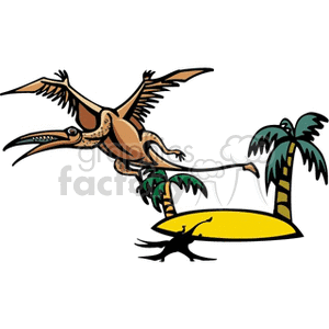   The clipart image features a prehistoric scene that includes a large pterosaur (a type of flying dinosaur) in the foreground, depicted as flying above an island with palm trees. There