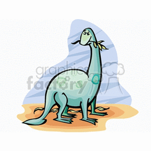 The clipart image shows a cartoonish depiction of a dinosaur standing on a patch of desert-like ground. The dinosaur appears to be a sauropod, characterized by its long neck and tail, and it has an exaggerated, expressive face, looking somewhat bewildered or dazed. The background features a simple representation of a rock and a lightly colored sky, suggesting a prehistoric or ancient environment.