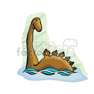 This clipart image features a stylized cartoon representation of a dinosaur reminiscent of a sauropod, with a long neck and a row of decorative plates or spikes on its back. The dinosaur is depicted partially submerged in water, suggesting it might be a swimming or aquatic scenario.