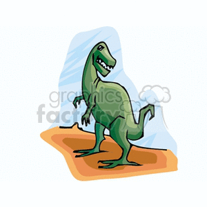 The image shows a cartoon representation of a green Tyrannosaurus Rex (T-Rex) standing on two legs, possibly on a patch of ground with a pale blue background which may indicate the sky.