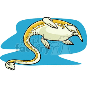 The clipart image shows a stylized, cartoonish representation of a plesiosaur, which is a type of marine dinosaur known for its long neck and small head. It has a rounded body with four flipper-like limbs and a long, curving tail. The creature is primarily white with yellow spots and shading, depicting its belly, and it's positioned against a simple blue background that suggests water.