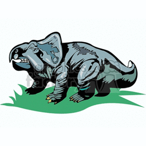 This clipart image features a stylized dinosaur that appears to be shouting or roaring. The dinosaur is quadrupedal, with gray skin and is standing on a patch of green grass.