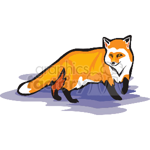 The clipart image depicts a cartoon-style fox standing with its front paw held up. The fox has orange fur, white belly, black nose, and black tips on its ears. It appears to be cheerful and playful.
