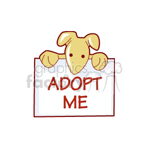The clipart image features a stylized cartoon of a dog's head peeking over a sign that reads ADOPT ME. The dog has a friendly and appealing appearance, with large floppy ears and arms outstretched over the top edge of the sign. The coloring is primarily in warm tones with red lettering on white for the sign.