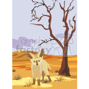 The clipart image depicts a young fox standing in a desert-like environment with sparse vegetation and a couple of leafless trees. The background shows a desert landscape with rolling dunes and a cloudy sky.