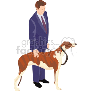 This clipart image features a man in a suit standing beside and touching the back of a brown and white greyhound dog. The man appears to be smiling and looking down at the dog, while the greyhound stands attentively beside him. The man seems to be either presenting the dog or perhaps preparing it for a show or a race.
