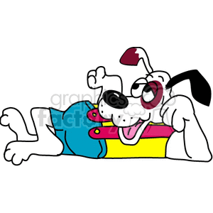 This clipart image depicts a cartoon dog lying down with a happy expression. The dog appears to be wearing a t-shirt and has playful spots on its fur.