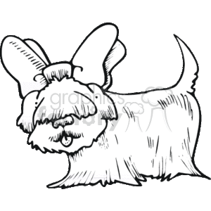   The image is a black and white clipart of a shaggy dog. The dog appears to be standing with its body profiled to the viewer, head turned facing forward. It has prominent, fluffy ears and a long tail that curls upward at the end. The dog also has a shaggy coat that covers its eyes, adding to a playful and cute appearance. It