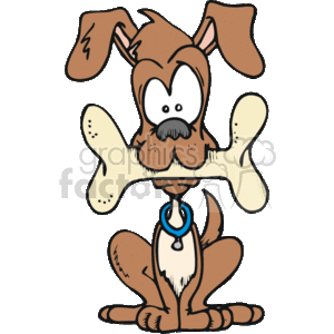 This is a humorous clipart image of a cartoon dog holding a large bone in its mouth. The dog appears happy and playful, as characterized by its exaggerated features and the whimsical style of the illustration. This image is related to pets and specifically to dogs, often associated with the concept of dogs enjoying bones as treats or toys.