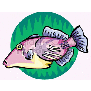 The image is a stylized illustration of a tropical fish. Features include multi-colored patterns, prominent fins, and a cartoonish appearance. The fish is set against a green, wavy background that could represent seaweed or water.