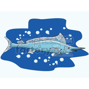 The clipart image depicts a stylized version of a fish, which appears to be a type of billfish, such as a swordfish or marlin, characterized by its elongated bill. The fish is surrounded by bubbles, suggesting that it is underwater. The background is a simple blue shape with irregular edges, enhancing the aquatic theme.