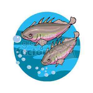 This clipart image shows two stylized cartoon fish swimming underwater with several air bubbles around them. The fish have prominent fins and are colored in shades of pink and grey with a glittery texture. They appear to be playful and dynamic, suggesting movement through the water.