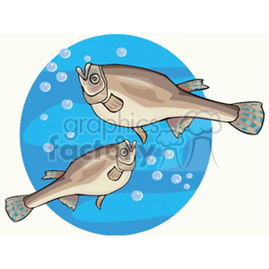 The clipart image features two cartoonish fish with a backdrop of light blue water and bubbles. The fish have prominent eyes, patterning on their tails and fins, and they appear to be swimming.