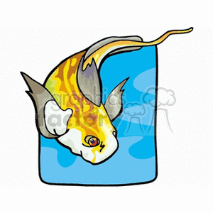 The clipart image depicts a colorful tropical fish, seemingly swimming in a section of water towards the surface or jumping out of the water. The fish has vivid yellow and white stripes with hints of orange and gray, and it shows some dynamic movement.