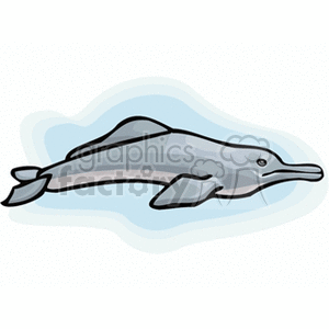The clipart image shows a stylized illustration of a single dolphin swimming. The dolphin is depicted in shades of gray with simple outlines and details, giving it a cartoonish look. It is set against a light blue backdrop that suggests water.