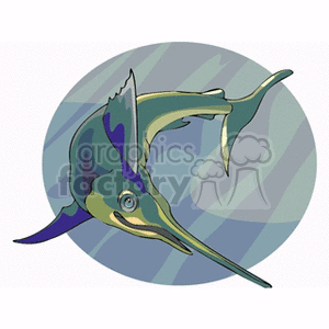 The clipart image depicts a stylized swordfish or marlin. It features a long bill, a streamlined body, and is colored in various shades of blue, green, and yellow. The image has a circular gradient background suggesting an underwater environment.