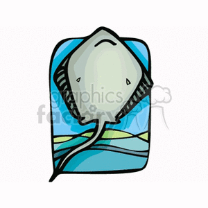 This image shows a stylized representation of a stingray. It appears to be underwater, with a simplified and graphical depiction of ocean waters and the sea bed in the background.