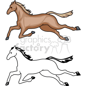 This clipart image features two illustrations of horses, one colored brown and the other in black and white, appearing to be running. The horses are smooth and dynamic, often used to symbolize freedom and grace.