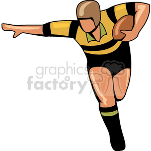 This clipart image shows a man playing rugby. He is holding a rugby ball and appears to be in action, possibly preparing to pass the ball or avoid a tackle.
