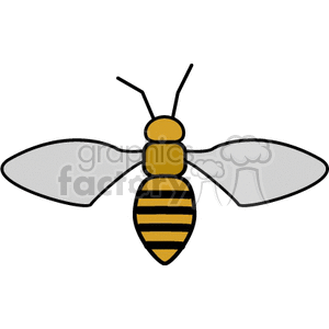 Clipart image of a bee with a yellow and black striped body, grey wings, and antennae.