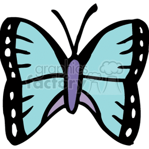 This clipart image features a stylized butterfly with blue and purple wings, outlined in black.