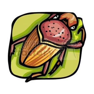 A colorful, cartoon-style illustration of a beetle with a reddish-brown body, black spots, and large eyes on a green background.