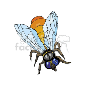 Colorful clipart image of a blue-eyed fly with orange body segments and transparent wings.
