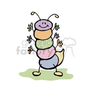 A colorful cartoon caterpillar standing upright, featuring a smiling face and multiple segments in pastel colors including purple, orange, green, pink, and blue, with small arms and legs.
