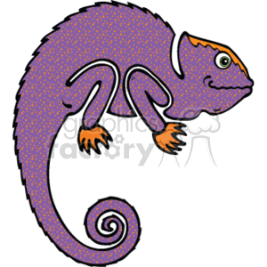   This image is a stylized, clipart version of a chameleon. It is predominantly purple with what appears to be small, lighter-colored polka dots covering its body. The chameleon has orange feet, a distinctive curled tail, and is portrayed in profile with its eye prominently displayed. The simple lines and bright colors give it a playful, whimsical appearance, which is characteristic of clipart designed for a wide range of uses, such as educational materials, decorations, or children