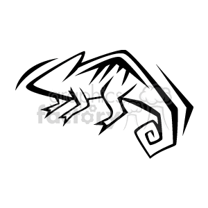 The image is a black and white clipart of a stylized lizard, designed with sharp angles and a tribal art influence. It features the lizard in profile with prominent details on its head, limbs, and tail. 