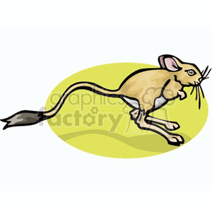 The clipart image depicts a stylized illustration of a kangaroo rat. The kangaroo rat is shown in profile, hopping or leaping to the right, with a prominent long tail, large hind legs, and oversized ears typical to the species. The background includes a simple yellow shape suggesting a ground or surface the rodent is traversing.