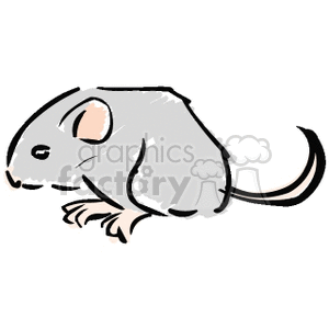 The image depicts a simple, stylized drawing of a small gray mouse in a resting position. The mouse has prominent, rounded ears, a pointed snout with whiskers, dark eyes, four legs, and a long, thin tail.