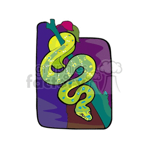 The image depicts a stylized, colorful snake, which could represent either a cartoon boa constrictor or anaconda, coiling around a tree branch. The snake has a pattern of yellow with spots, and the background is a mix of purple and blue hues, possibly representing the sky or a whimsical environment.