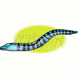 This is a clipart image of a cartoon eel with a blue and black checkered pattern on a light green and yellow background.