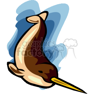 The clipart image shows a stylized representation of a narwhal, which is a type of whale known for the long, spiraled tusk protruding from its head. The narwhal is depicted in shades of brown and cream, with a light blue and navy background suggesting water movement, as if it is swimming.