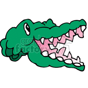 The image is a simple clipart illustration of a green alligator or crocodile with its mouth wide open, displaying sharp teeth.