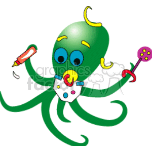 A baby octopus with bottle rattle and pacifier