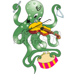 The clipart image shows a cartoon of an octopus engaging in several activities simultaneously. The octopus appears to be playing the violin, holding a conductor's baton, and playing the drum and the triangle. Each of its tentacles is occupied with holding different items. The image represents multitasking or showcasing a variety of skills at once, characteristics often humorously attributed to the many arms of an octopus.