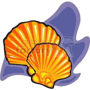 The clipart image displays two vibrant orange seashells with a stylized blue water-like shape in the background. The design is simplified and uses bold outlines, making it ideal for a variety of graphic applications related to sea life, beach themes, or marine topics.