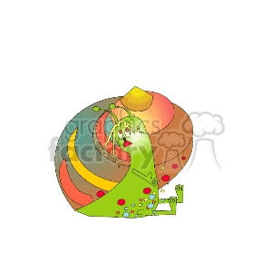   The image shows a colorful clipart of a snail. The snail has a multicolored shell with stripes in hues of pink, green, yellow, and orange. The body of the snail is green, and it has cartoonish eyes and a smile. The overall style is whimsical and playful, typical of children