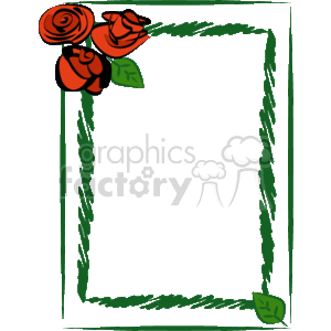 The image depicts a decorative frame with a floral theme. The frame features stylized rose flowers in the upper left corner, accompanied by green leaves. The borders of the frame are accentuated by a green, vine-like design, giving the appearance of intertwined stems or branches. The center of the frame is blank, providing a space where text or another image could be inserted. The overall design suggests a nature-inspired motif, commonly used for invitations, greeting cards, or decorative stationery.