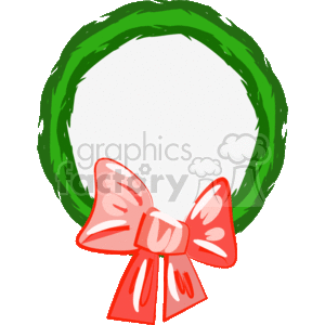 This image depicts a Christmas wreath frame with a decorative red bow at the bottom. The wreath is made up of green foliage forming a circular border, and the bow adds a festive touch, typically associated with holiday decorations and themes. The center of the wreath is left empty, likely to place text or another image within it.