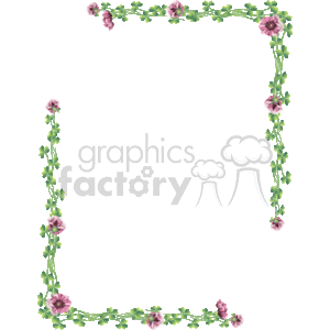 This is a floral border or frame clipart. It features a decorative design with green vines and small pink flowers arranged to form a rectangular border. The flowers and leaves are spaced along the vines, creating a naturalistic yet stylized pattern that frames an empty central space where text or other images can be inserted. The aesthetic is delicate and would be suitable for a variety of design purposes, such as invitations, stationery, or other decorative applications.